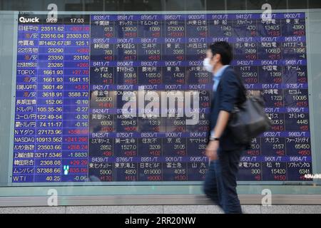 200928 -- TOKYO, Sept. 28, 2020 -- A man wearing a face mask passes by an electronic board showing the stock indexes in Tokyo, Japan, on Sept. 28, 2020. Tokyo stocks closed higher Monday as retailers and e-commerce-oriented issues buoyed the market, while investors also picked up issues to secure rights for dividend payments for the first half of the business year. The 225-issue Nikkei Stock Average added 307.00 points, or 1.32 percent, from Friday to close at 23,511.62.  JAPAN-TOKYO-STOCKS DuxXiaoyi PUBLICATIONxNOTxINxCHN Stock Photo