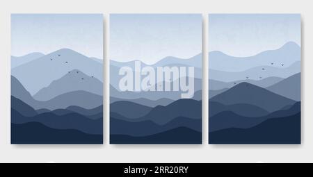 Aesthetic minimalist blue mountains with flying birds landscape posters. Japanese landscape illustration Stock Vector