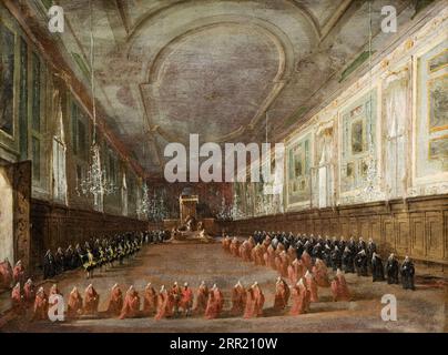 Pope Pius VI descending the Throne to take leave of the Doge in the Hall of SS Giovanni e Paolo, 1782, painting in oil on canvas by Francesco Guardi, circa 1783 Stock Photo