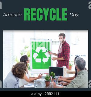 Composite of america recycle day text and diverse people with green recycling sign Stock Photo