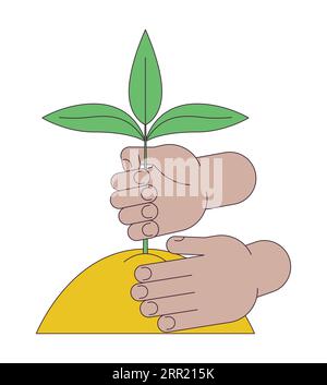 Hands planting plant in soil flat line concept vector spot illustration Stock Vector