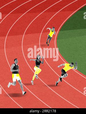 Competitive young people, men and women running on stadium, preparing for competition. Contemporary art collage. Stock Photo