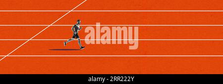 Athletic man, running training on stadium, running, growing speed and endurance. Contemporary art collage. Banner Stock Photo