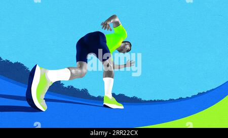 Bottom view of man, athlete in motion, running, preparing for competition. Contemporary art collage. Stock Photo