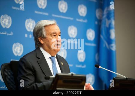 200929 -- UNITED NATIONS, Sept. 29, 2020 -- United Nations Secretary-General Antonio Guterres speaks at a joint press conference with Canadian Prime Minister Justin Trudeau and Jamaican Prime Minister Andrew Holness not in the picture after a high-level event on financing for development at the UN headquarters in New York, on Sept. 29, 2020. UN Secretary-General Antonio Guterres on Tuesday called for further debt relief for poor and middle-income countries for them to respond to COVID-19.  UN-SECRETARY-GENERAL-JOINT PRESS CONFERENCE-CANADA-JAMAICA-PM WangxYing PUBLICATIONxNOTxINxCHN Stock Photo