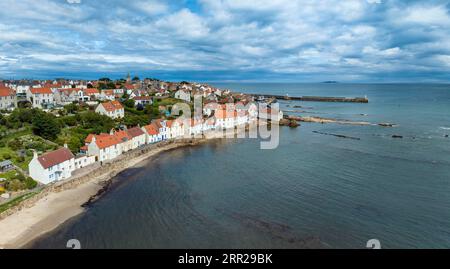 Aerial panorama of the fishing village of Pittenweem on the Firth of Forth, Fife, East Neuk, Midlands, Scotland, United Kingdom Stock Photo