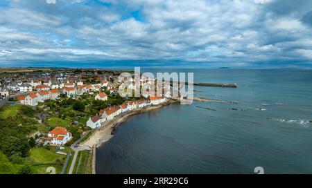Aerial panorama of the fishing village of Pittenweem on the Firth of Forth, Fife, East Neuk, Midlands, Scotland, United Kingdom Stock Photo