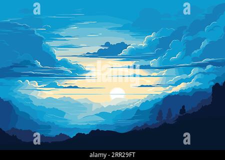 Relaxing hand drawn PC wallpaper design. Cute family are flying kites on green alpine mountains. Stock Vector