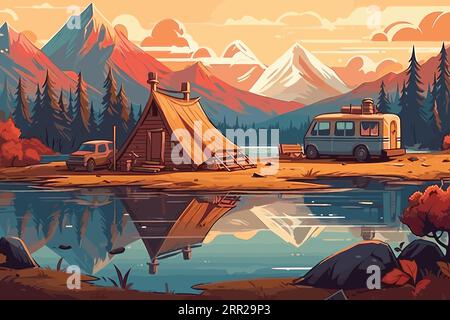 Relaxing hand drawn PC wallpaper design. Cute family are flying kites on green alpine mountains. Stock Vector