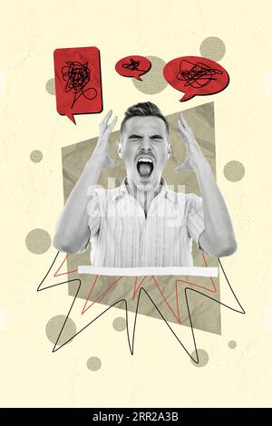 Vertical collage image of unsatisfied crazy black white effect guy scream dialogue mind mess bubble isolated on drawing background Stock Photo