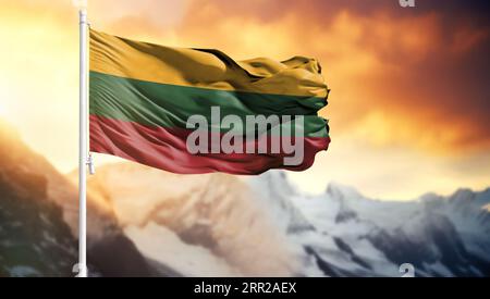 Flag of Lithuania on a flagpole against a colorful sky Stock Photo