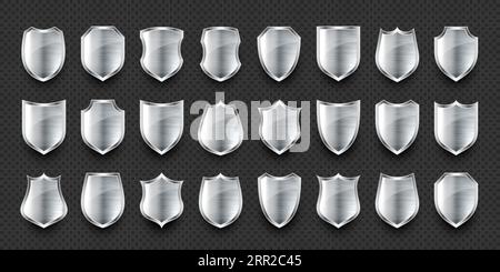 Set of various vintage 3d metal shield icons. Shiny steel heraldic ...