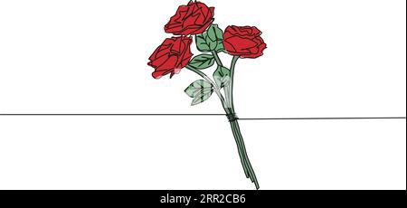 colorized continuous single line drawing of small bouquet of roses, bunch of flowers line art vector illustration Stock Vector