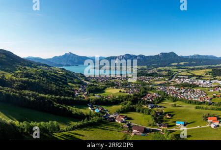 Drone shot, panoramic view of Mondsee with Schafberg and Drachenwand, Salzkammergut, Upper Austria, Austria Stock Photo