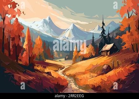 Relaxing hand drawn PC wallpaper design. Cute family are flying kites on green alpine mountains. Stock Vector