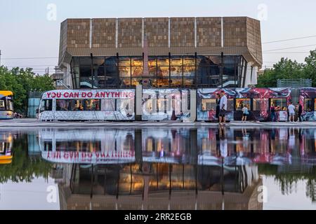 City view of Leipzig in the evening, Gewandhaus zu Leipzig at Augustusplatz with tram, Leipzig, Saxony, Germany Stock Photo