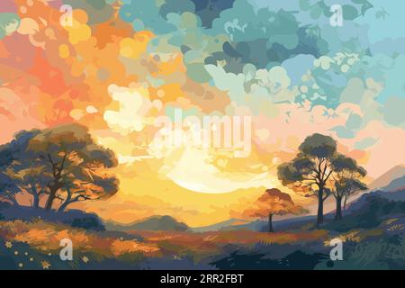 Relaxing hand drawn PC wallpaper design. Cute family are flying kites on green alpine mountains. Stock Vector