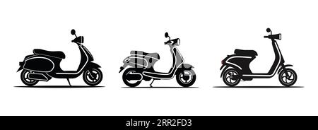 Set Electric scooter. Motorbike. Motorcycle charging. Black and white scooter in flat style isolated on white background. Vector illustration Stock Vector
