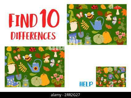 Find ten differences between autumn leaves, animals, plants and gnome garden tools. Objects comparing riddle, difference search quiz vector worksheet with pumpkin, flowerpot, mushroom and ladybug Stock Vector