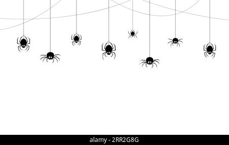 Halloween spiders border. Vector holiday frame with black funny arachnid characters hanging on strings down the tangled cobwebs. Monochrome spinner personages and spiderwebs on white background Stock Vector