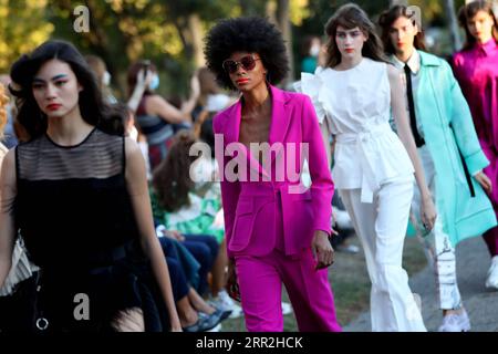 201012 -- LISBON, Oct. 12, 2020 -- Models present creations by Portuguese fashion designer Carlos Gil during Lisbon Fashion Week ModaLisboa Spring/Summer 2021 in Lisbon, Portugal, Oct. 11, 2020. Photo by /Xinhua PORTUGAL-LISBON-FASHION WEEK PetroxFiuza PUBLICATIONxNOTxINxCHN Stock Photo