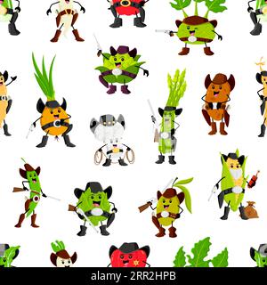 Western cowboy, ranger, sheriff and robbers vegetable characters pattern. Wrapping paper, textile vector backdrop with romanesco, onion, mushroom and asparagus, potato, corn Wild West funny personages Stock Vector