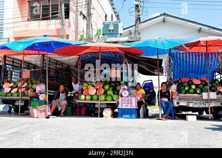 Watermelons for sale, market in Takua Pa, Thailand Stock Photo