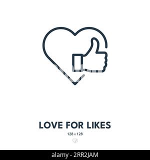 Love for Likes Icon. Thumbs up, Reaction, Heart. Editable Stroke. Simple Vector Icon Stock Vector