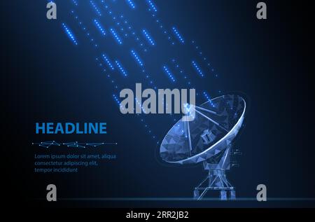 Abstract 3d satellite antenna and signal. Radio telecommunication, astronomical telescope, military radar, universe research observatory, data Stock Vector