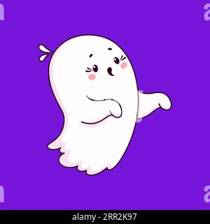 Cartoon Halloween kawaii cute ghost character with mischievous face and raised arms playfully saying boo, while trying to frighten. Vector charming, spooky and adorable spirit flying at holiday night Stock Vector