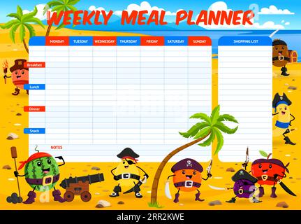 Weekly meal planner, cartoon fruit western cowboy, ranger, sheriff and ...
