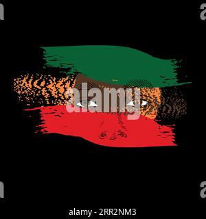 Design for a black woman's eyes t-shirt with green, orange and red strokes. Vector illustration for black history month. Stock Vector