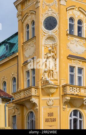 Sluknov (German Schluckenau) is a town in the Okres Decin in the Ustecky kraj in the Czech Republic. Market Square with House of Culture Stock Photo
