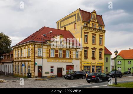 Sluknov (German Schluckenau) is a town in the Okres Decin in the Ustecky kraj in the Czech Republic. Market place Stock Photo