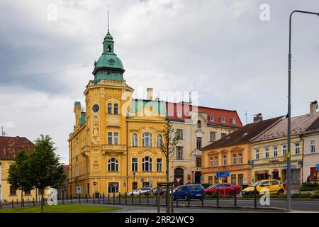 Sluknov (German Schluckenau) is a town in the Okres Decin in the Ustecky kraj in the Czech Republic. Market Square with House of Culture Stock Photo