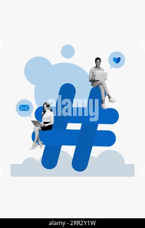 Artwork sketch banner collage of two people lady sitting hashtag chatting messengers send email letter isolated on drawing background Stock Photo