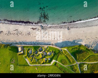 Aerial view of Skara Brae stone-built Neolithic settlement, located on the Bay of Skaill , west mainland, Orkney Islands, Scotland, UK. Stock Photo