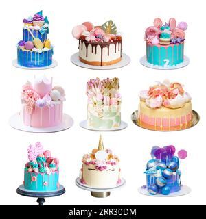 Set of different delicious cakes isolated on white, png. Cakes with unicorn, fondant crown, brownie, chocolate balls. Pink, green, blue cakes Stock Photo