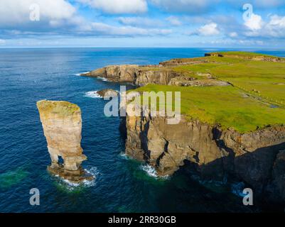 Aerial view of sea cliffs and coastal scenery  at Yesnaby Castle sea stack on West Mainland coast, Orkney Islands, Scotland, UK. Stock Photo