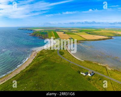 Aerial view of beaches at Taracliff Bay and Peter’s Pool at Sandi Sands on East Mainland, Upper Sanday, Orkney Islands, Scotland, UK. Stock Photo