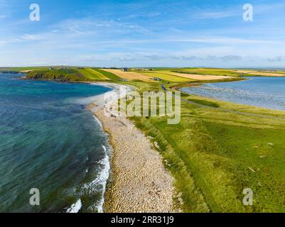 Aerial view of beaches at Taracliff Bay and Peter’s Pool at Sandi Sands on East Mainland, Upper Sanday, Orkney Islands, Scotland, UK Stock Photo