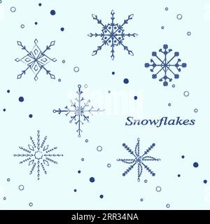 Set of charcoal snowflakes, isolated on a light blue background Stock Vector