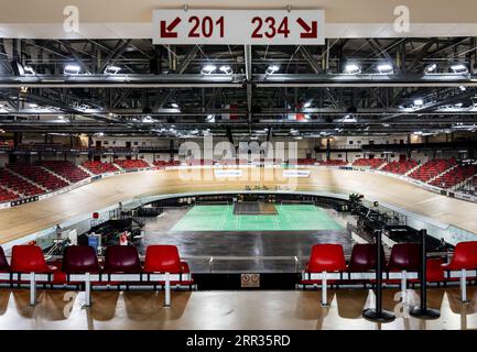MONTIGNY-LE-BRETONNEUX - The Velodrome de Saint-Quentin-en-Yvelines (Velodrome National) during the venue tour for journalists in the run-up to the 2024 Olympic Games in Paris. ANP REMKO DE WAAL Stock Photo