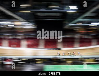 MONTIGNY-LE-BRETONNEUX - The Velodrome de Saint-Quentin-en-Yvelines (Velodrome National) during the venue tour for journalists in the run-up to the 2024 Olympic Games in Paris. ANP REMKO DE WAAL Stock Photo