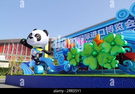 201024 -- BEIJING, Oct. 24, 2020 -- Photo shows decorations at the west entrance of the National Exhibition and Convention Center Shanghai in east China s Shanghai, Oct. 23, 2020. The 3rd China International Import Expo CIIE will kick off on Nov. 5.  XINHUA PHOTOS OF THE DAY FangxZhe PUBLICATIONxNOTxINxCHN Stock Photo