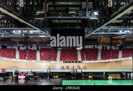 MONTIGNY-LE-BRETONNEUX - The Velodrome de Saint-Quentin-en-Yvelines (Velodrome National) during the venue tour for journalists in the run-up to the 2024 Olympic Games in Paris. ANP REMKO DE WAAL Stock Photo