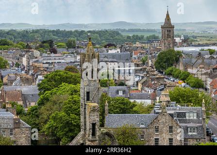 View from above of church spires including St Andrews ruined cathedral, St Andrews, Fife, Scotland, UK Stock Photo