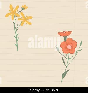 Cottagecore plaid gingham print wallpaper with red and yellow wildflowers. Hand drawn doodle botanical elements.  Cottagecore old notebook rustic bota Stock Vector