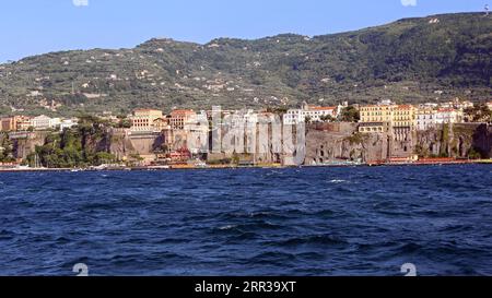 Sorrento, Italy - June 26, 2014: Tall Cliffs and Hills View From Tyrrhenian Sea Summer Day Campania Travel. Stock Photo