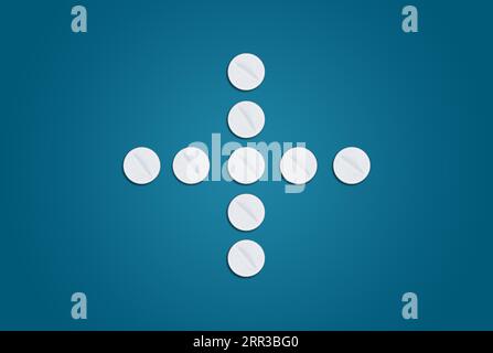 White pills on a blue background in the shape of a medical cross. Concept of health care, medical preparations and recovery Stock Photo